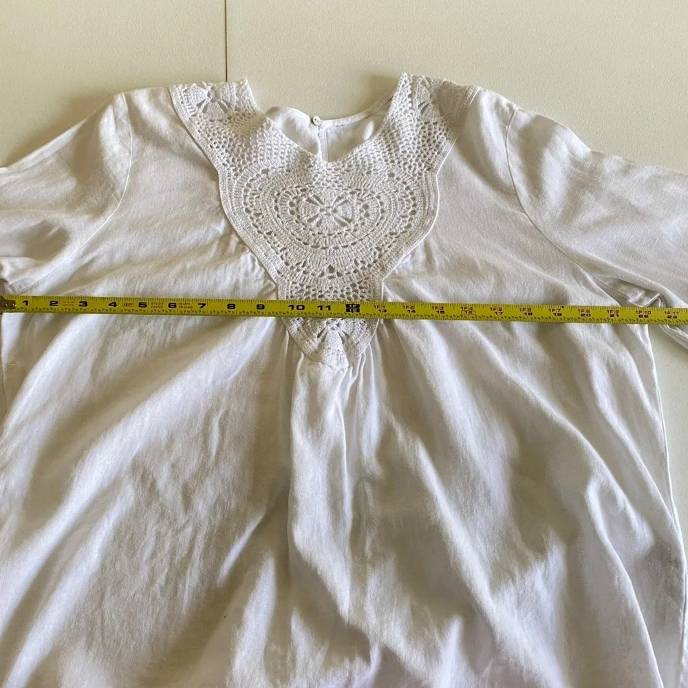 Zara Womens White Linen Blend Crochet Lace Yoke Bell Sleeve Boho Blouse Medium